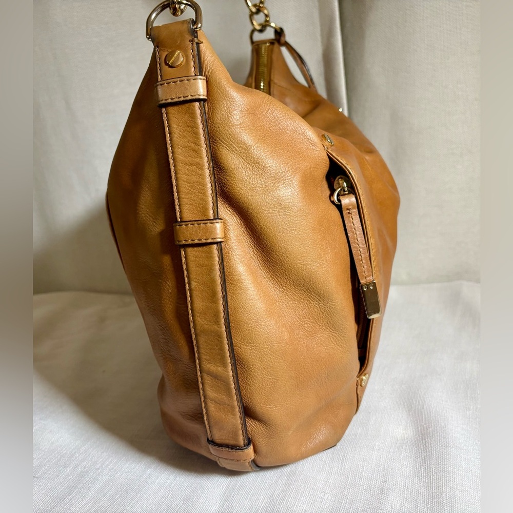 Michael Kors Bedford Large Leather Shoulder Bag Tan Luggage Brown Hobo - Picture 7 of 15